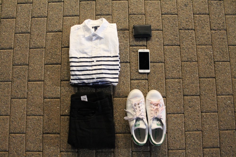 Outfit Grid 2: GAP Breton stripe button up/ Rogue Territory Stealth SK jeans/ Adidas Stan Smiths